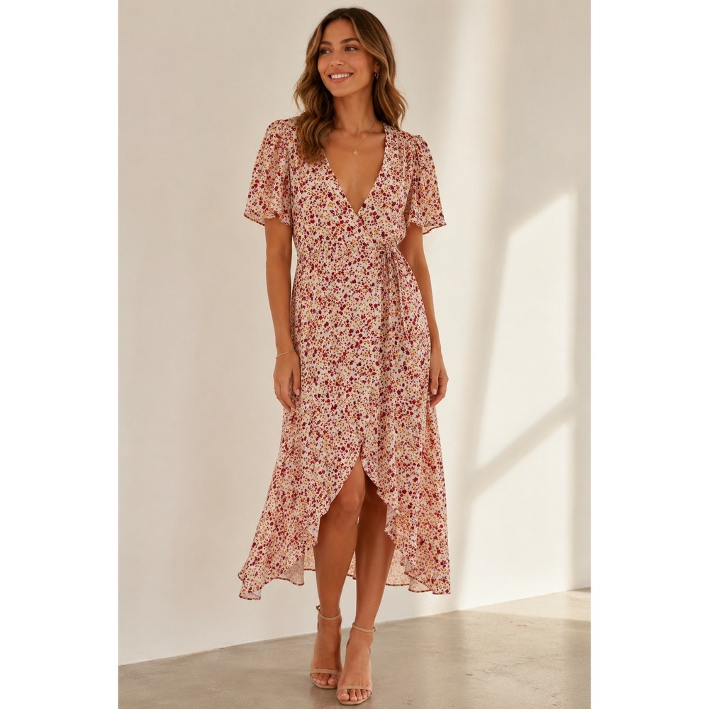 Arula Red Floral V-Neck Wrap Midi Dress Flutter Sleeve High-Low Hem Size 1X NEW